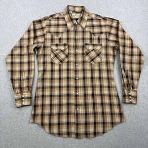 Vintage Dee Cee Shirt Mens Medium Beige Plaid 70s Pearl Snap Sawtooth Made USA